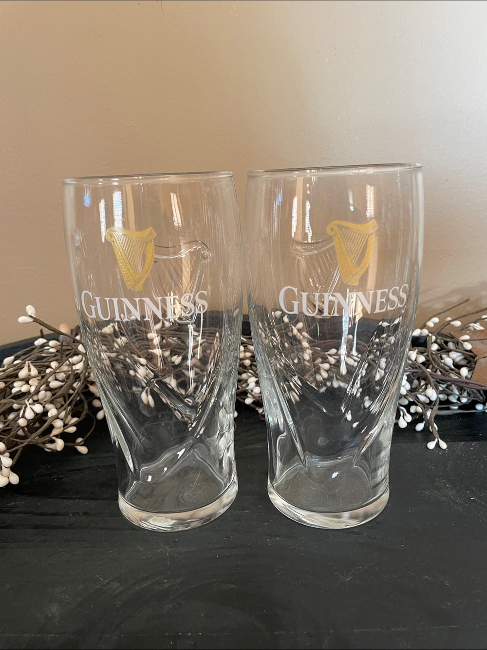 Guinness Clear Pint Glasses with Gold Harp and Embossed Logo - Pair
